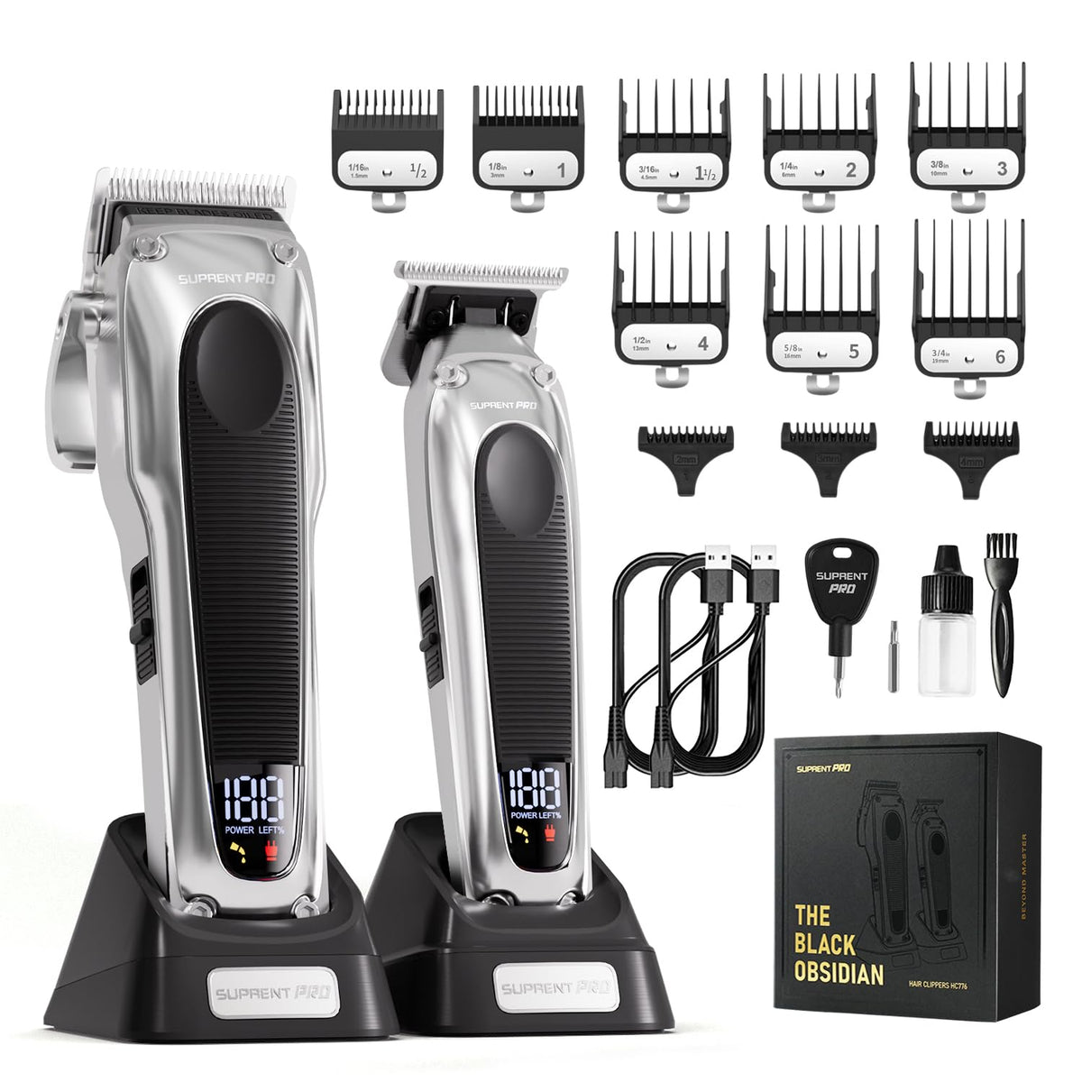 SUPRENT PRO Professional Hair Clipper for Barbers – Brushless Motor, Detachable Blade, Charging Base | Silver