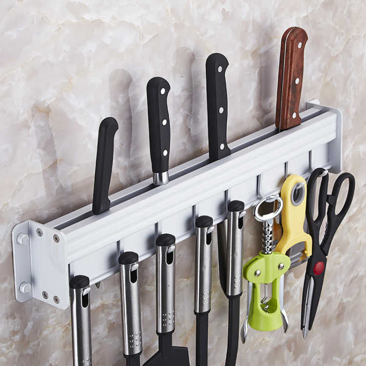Wall-Mounted Space Aluminum Kitchen Knife Rack | Black & Silver, 30-60cm