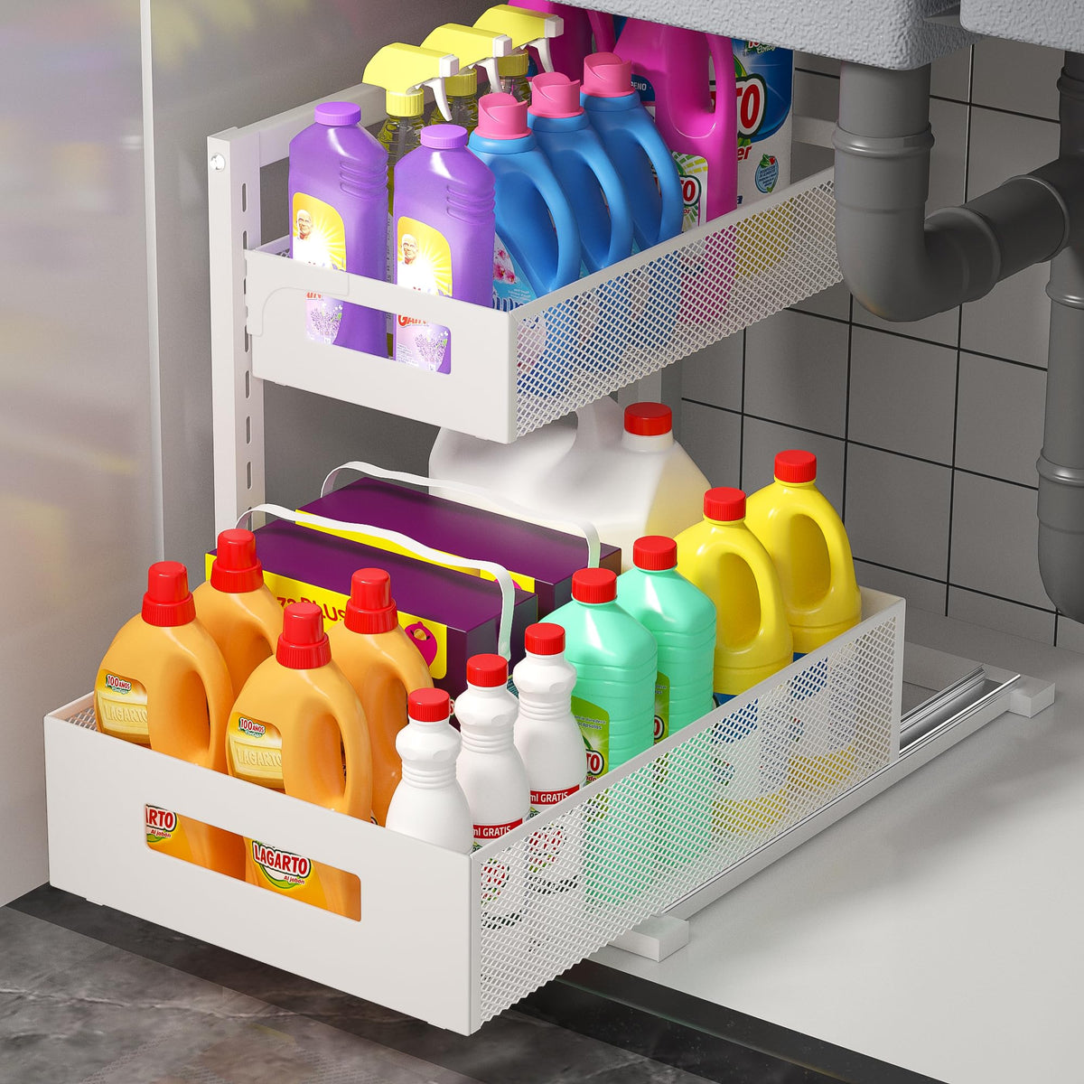 Organisateur de placard coulissant avec glissières à billes — Étagère de rangement réglable à 2 niveaux pour sous-évier (blanc)