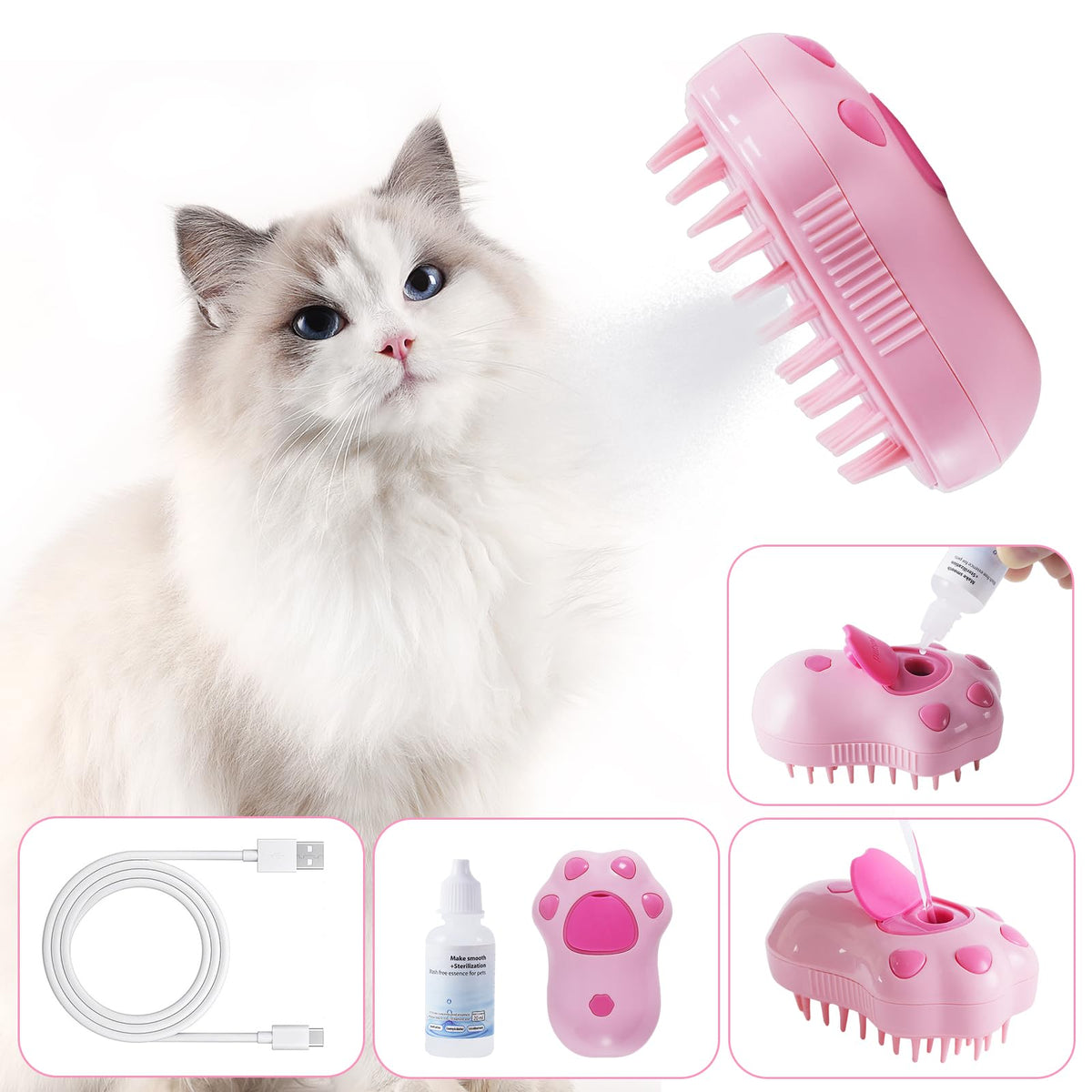 Cat Steam Brush — Self-Cleaning Steamy Massage Grooming Brush for Cats, Cat Paw Design (Pink)