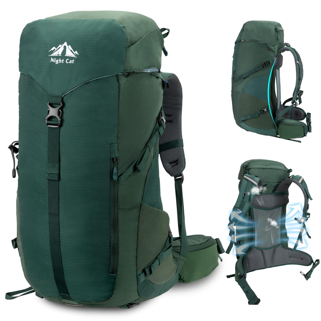 Night Cat 50L Internal Frame Hiking Backpack – Lightweight Waterproof with Rain Cover | Men & Women | Green