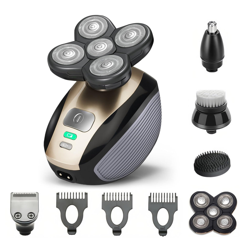 Hugdew 5-in-1 Electric Head Shaver for Bald Men – 5D Rotating Blade, USB Rechargeable, Waterproof | Pale Gold