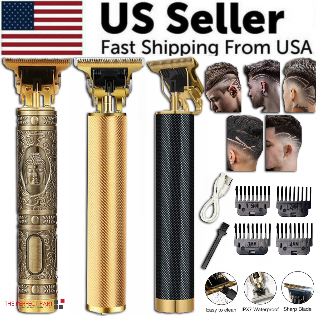 Professional Cordless Barber Hair Clipper & Beard Trimmer – Titanium T-Blade, 180-Min Battery, IPX4 Waterproof | Black/Gold/Aztec