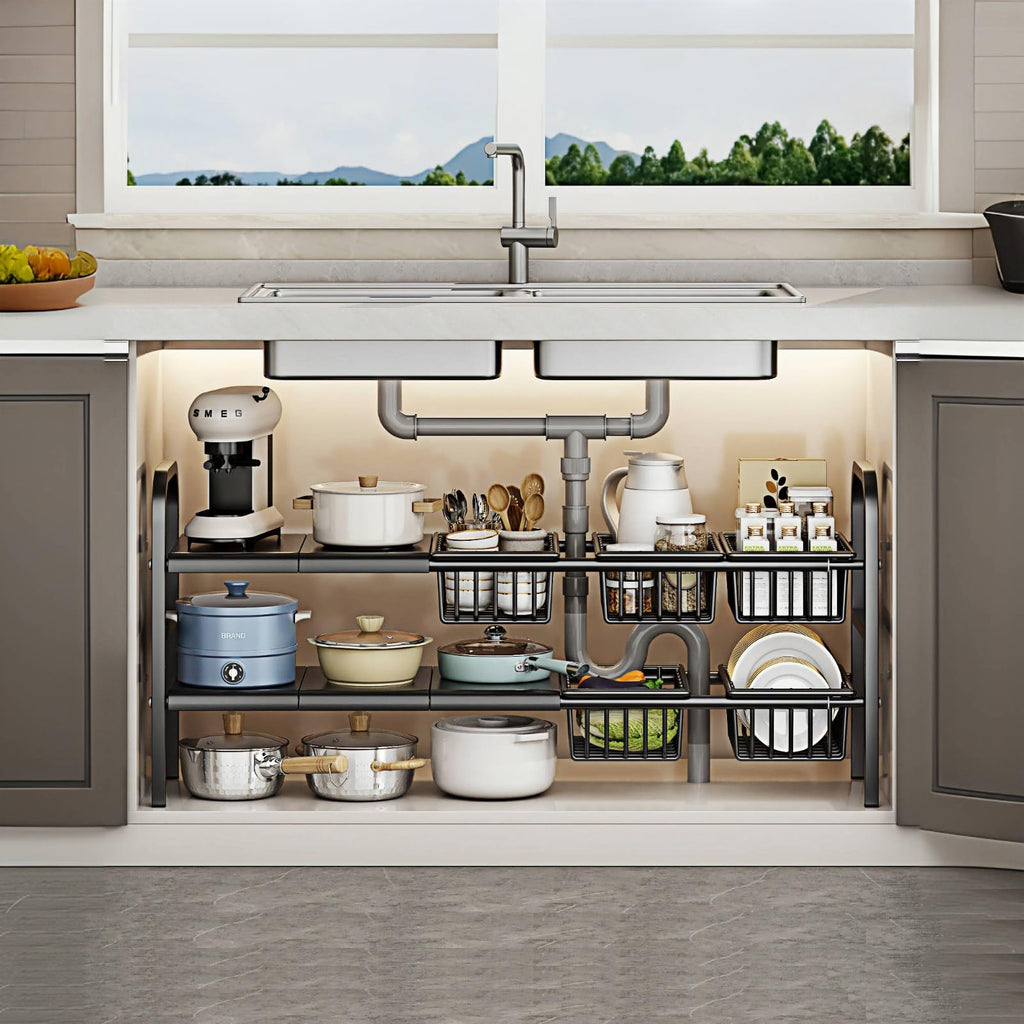 Fliqor Under Sink Organizer — 2-Tier Expandable Heavy-Duty Cabinet Storage Rack (Black, X-Large)