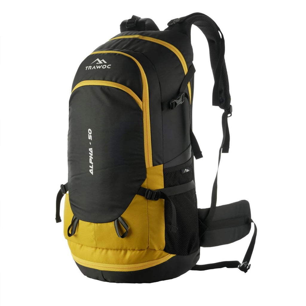 TRAWOC ALPHA 50L Travel Backpack – Water Resistant with Rain Cover for Hiking, Cycling & Camping | Yellow