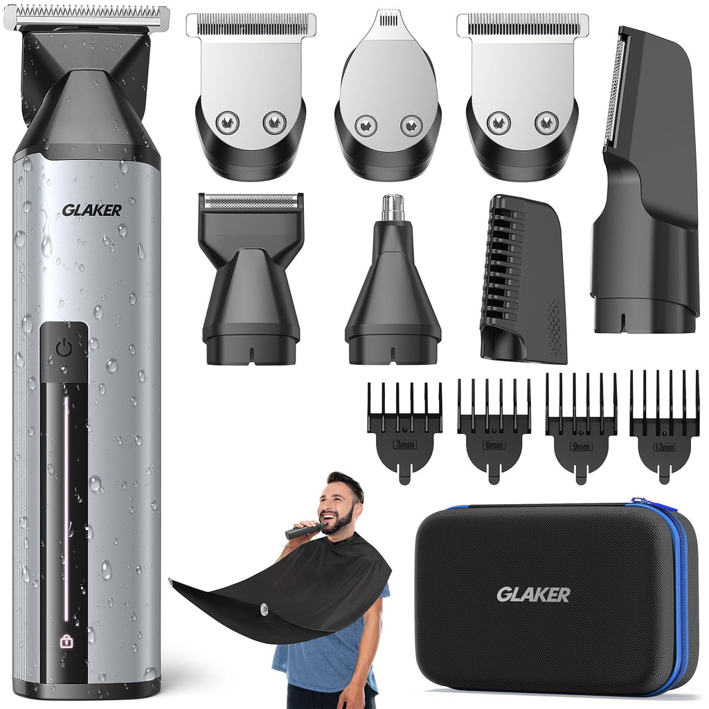 GLAKER All-in-One Beard Grooming Kit – 6 Heads, IPX6 Waterproof, 150-Min Battery, LED Display | Silver
