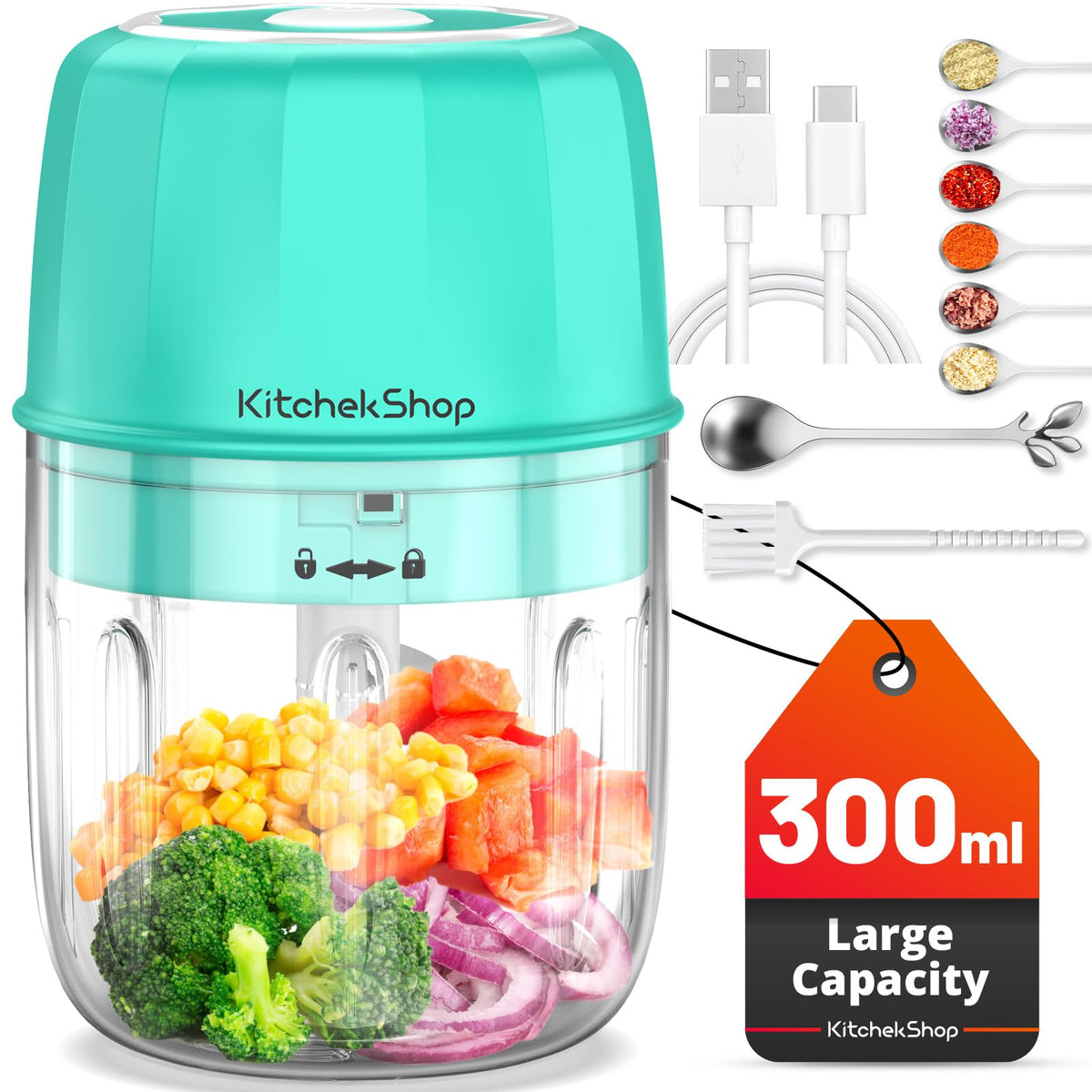 Mini Electric Food Processor & Garlic Chopper, 300ML USB Rechargeable | Green