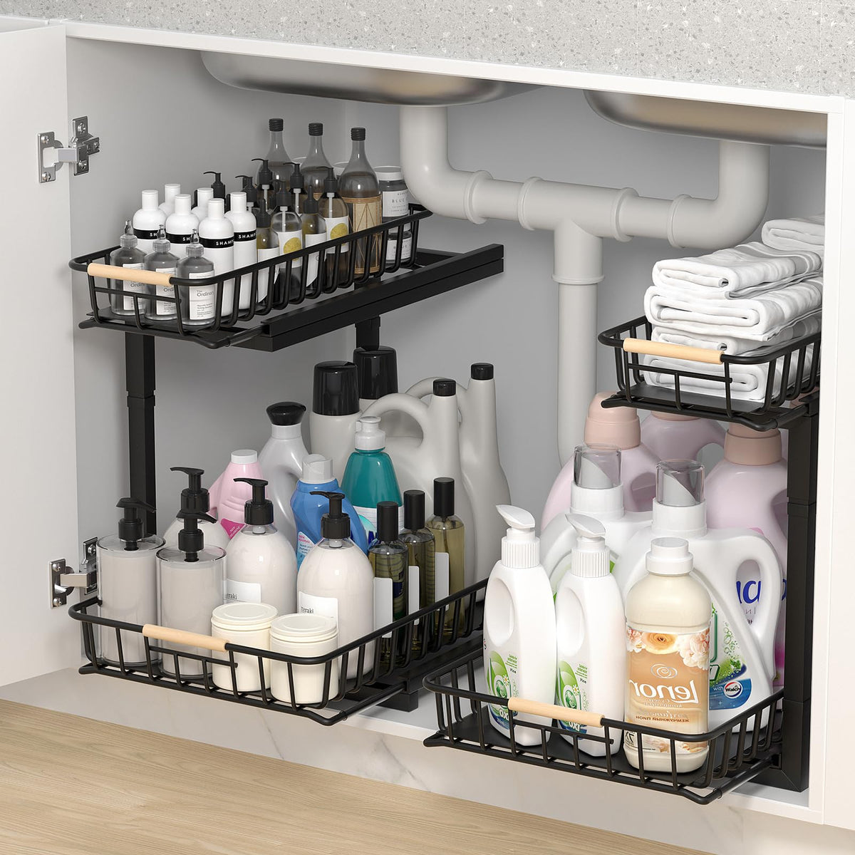 VivaHearth Under Sink Organizer 2 Pack — Metal Cabinet Storage Rack for Bathroom & Kitchen (Black)