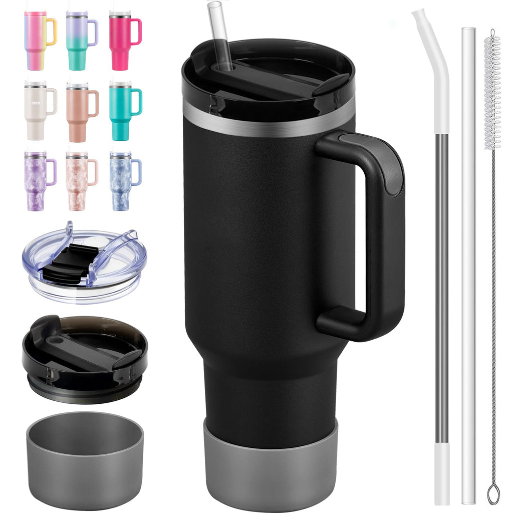 TeamVV 40oz Insulated Tumbler with Handle & Straw — Stainless Steel Hot & Cold Beverage Cup