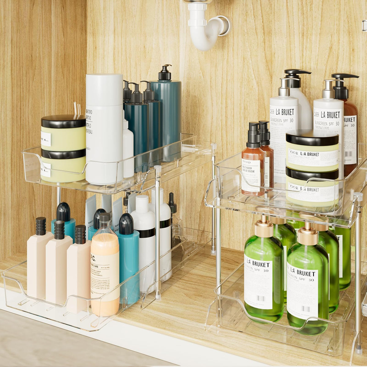JLKDQ Under Sink Organizer 2 Pack — Clear Sliding Drawer Storage for Kitchen & Bathroom Cabinet
