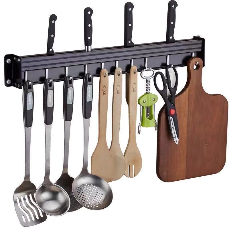 Porte-couteaux de cuisine mural en aluminium spatial | Noir et argent, 30-60 cm