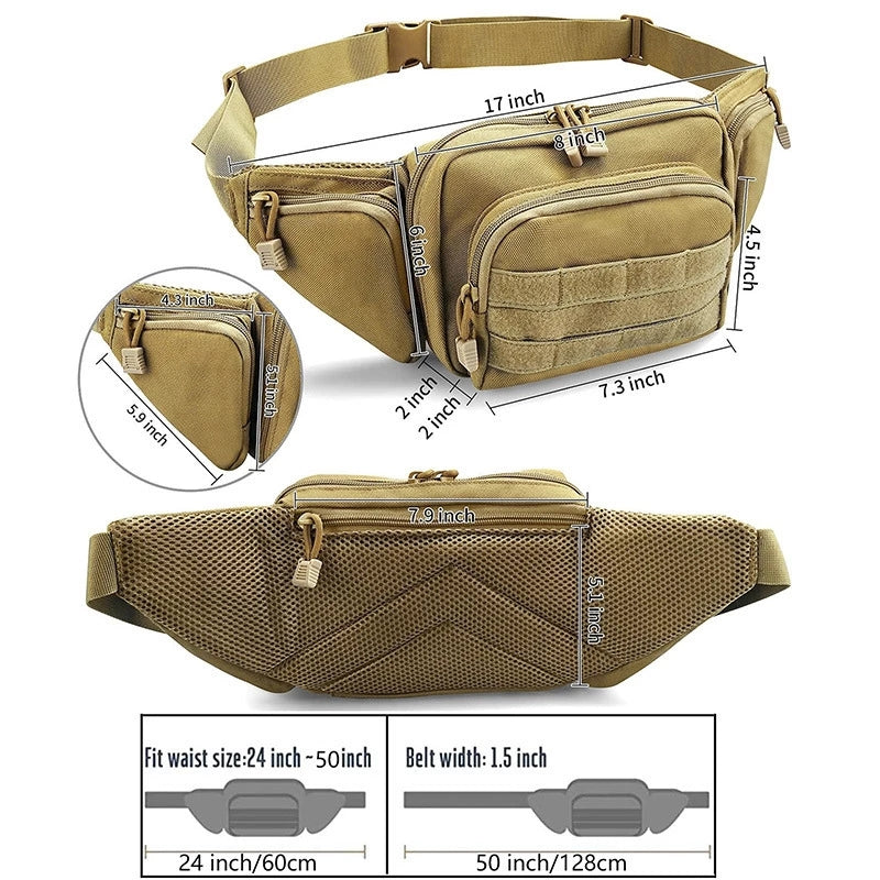 Sac banane tactique en nylon – Pochette de randonnée et sports de plein air | Noir et kaki
