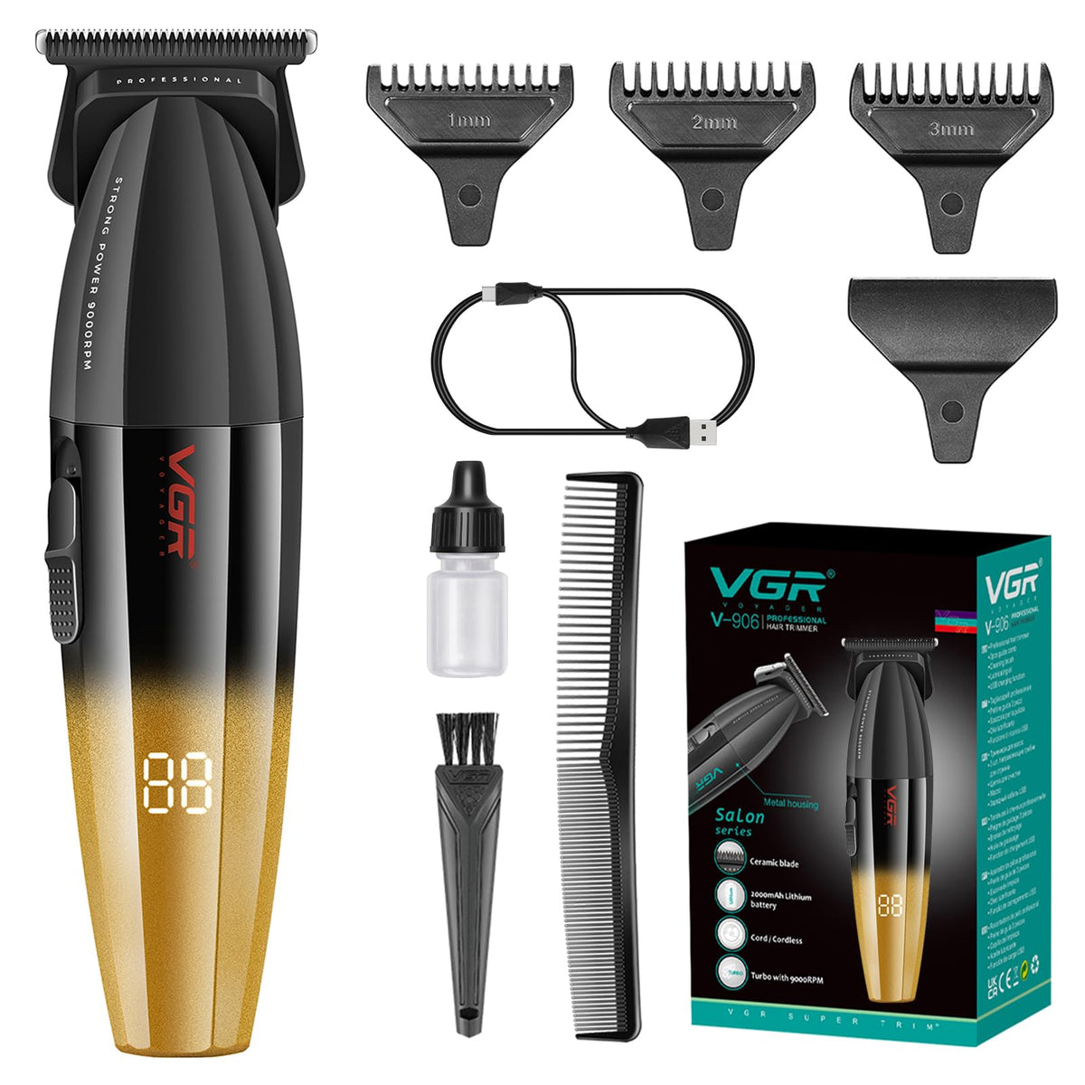 VGR 906 Professional T-Blade Hair Trimmer – 9000 RPM, DLC Zero Gap, 240-Min Battery, USB Rechargeable | Black