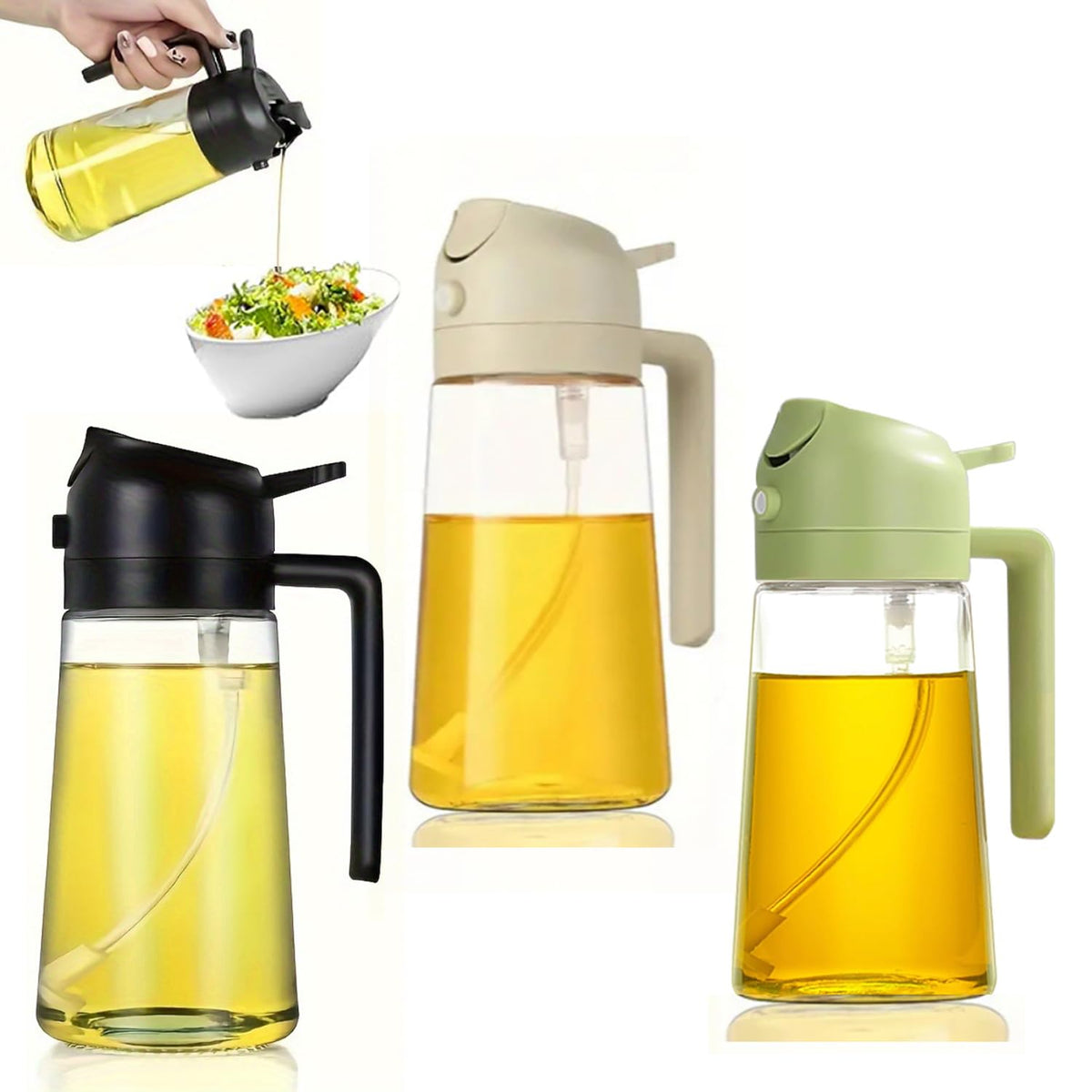Honimered 2-in-1 Oil Dispenser & Spray Bottle Set — 3 Pcs Kitchen Oil Sprayer for Cooking (Black, Beige & Green)