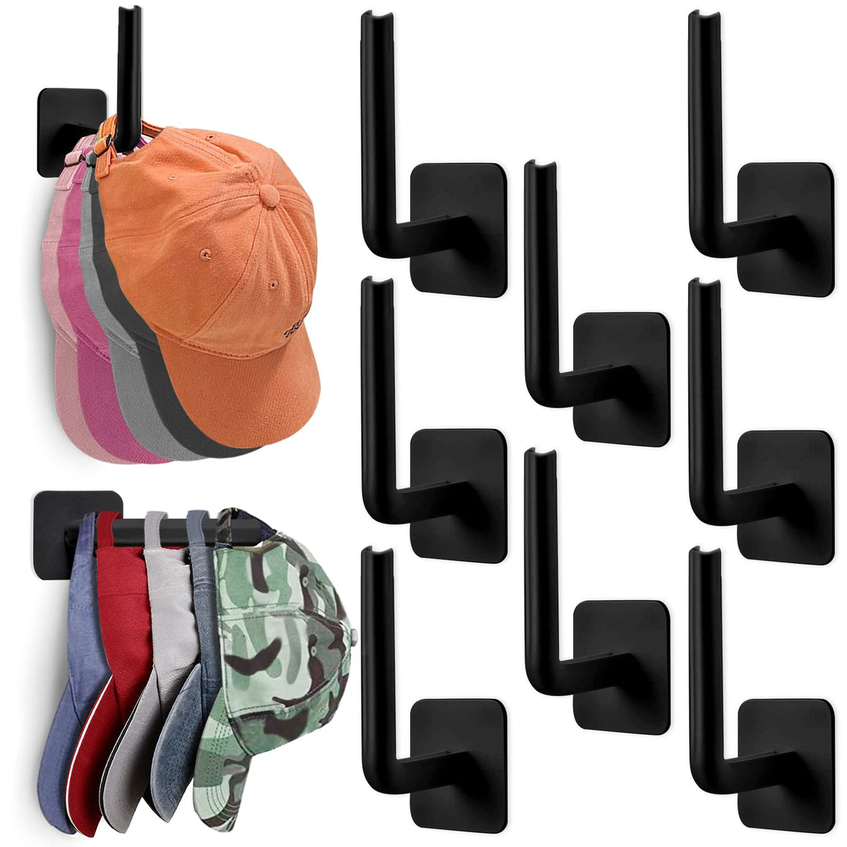 Porte-casquettes mural en acrylique – Adhésif, sans perçage | Lot de 8, noir