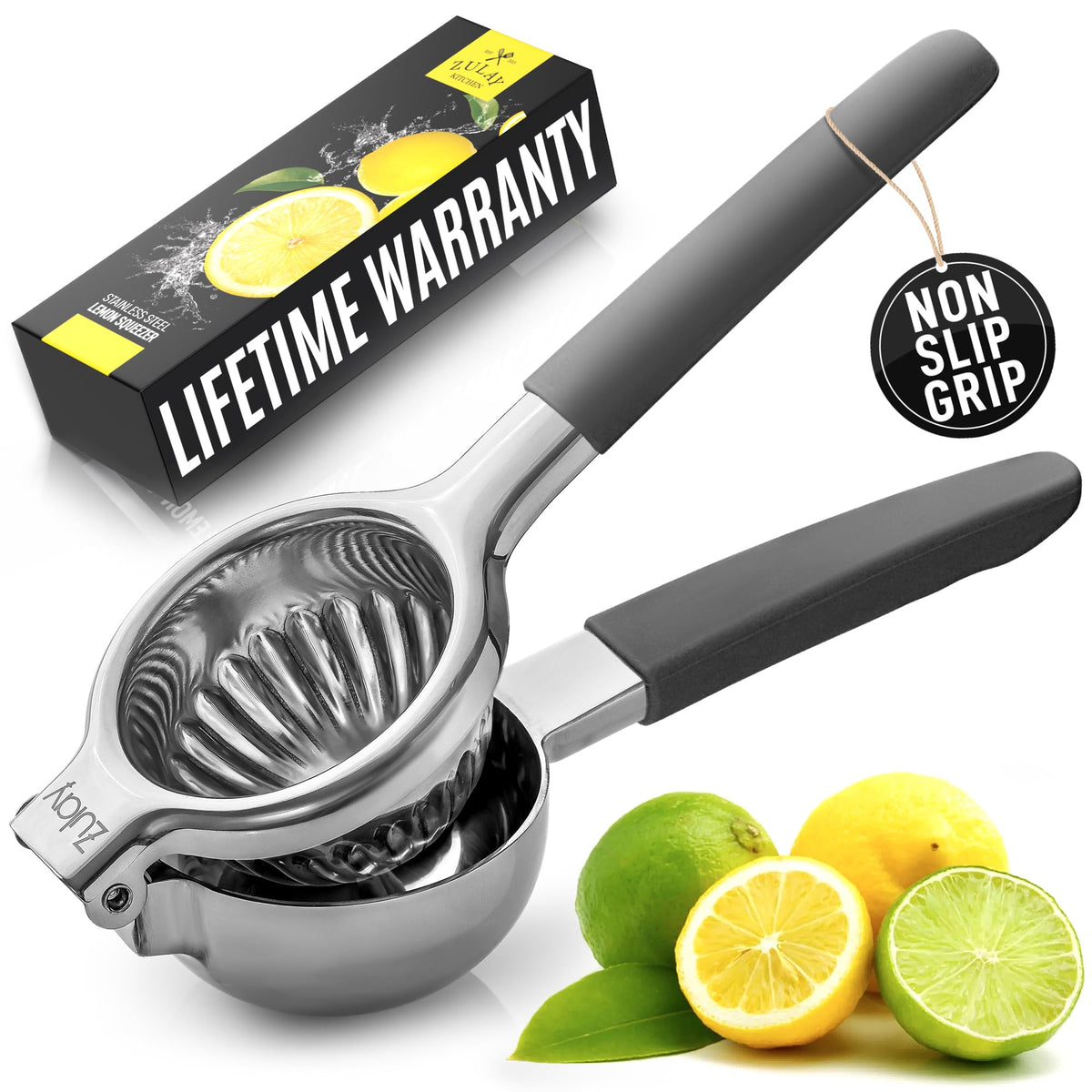 Zulay Stainless Steel Lemon Squeezer — Heavy Duty Manual Citrus Press Juicer with Silicone Handles