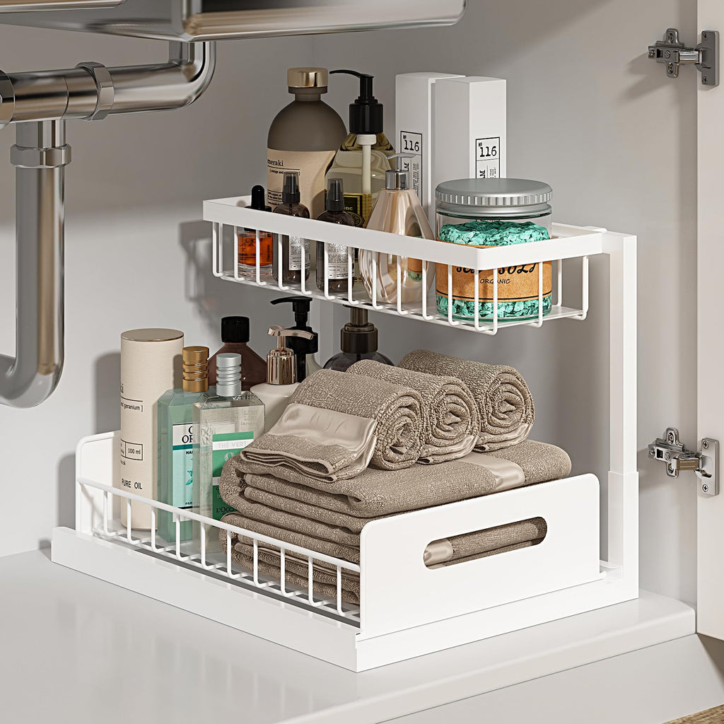 Realinn Under Sink Organizer Pull Out Cabinet — Sliding Kitchen & Bathroom Sink Storage Rack (White)