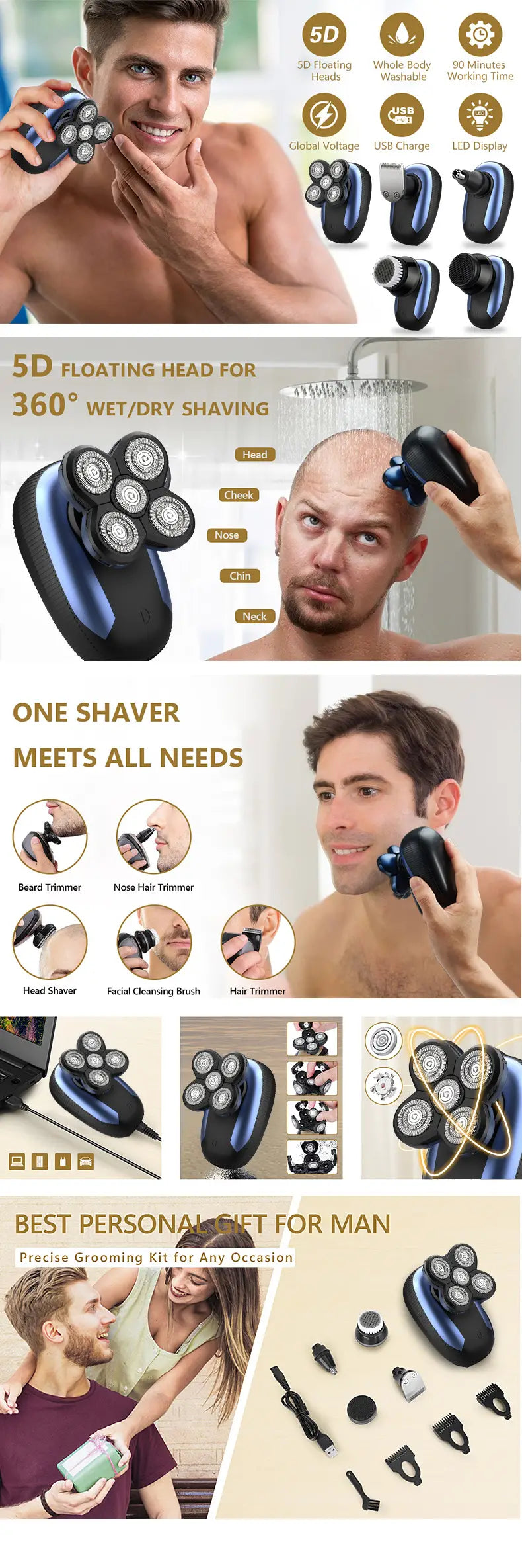 Cordless Rechargeable Electric Head Hair Shaver with Accessories