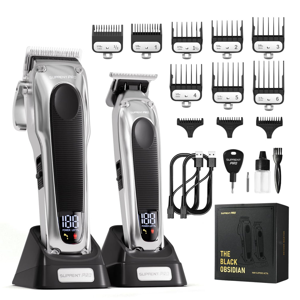 SUPRENT PRO Professional Hair Clipper for Barbers – Brushless Motor, Detachable Blade, Charging Base | Silver