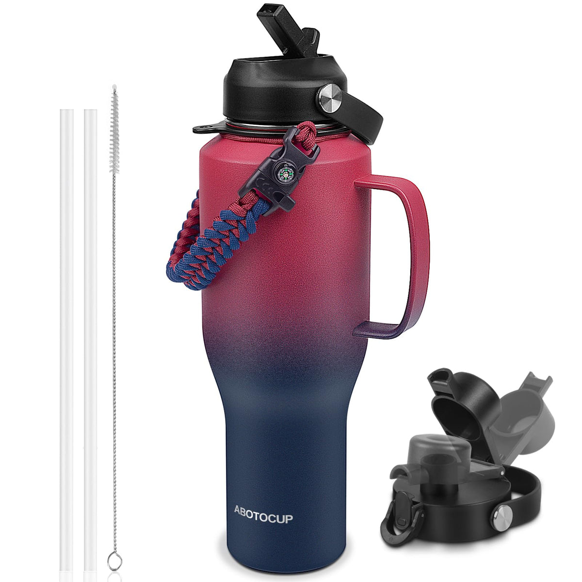 Gobelet isotherme Abotocup de 40 oz avec poignée et paille — Bouteille d'eau en acier inoxydable à double paroi