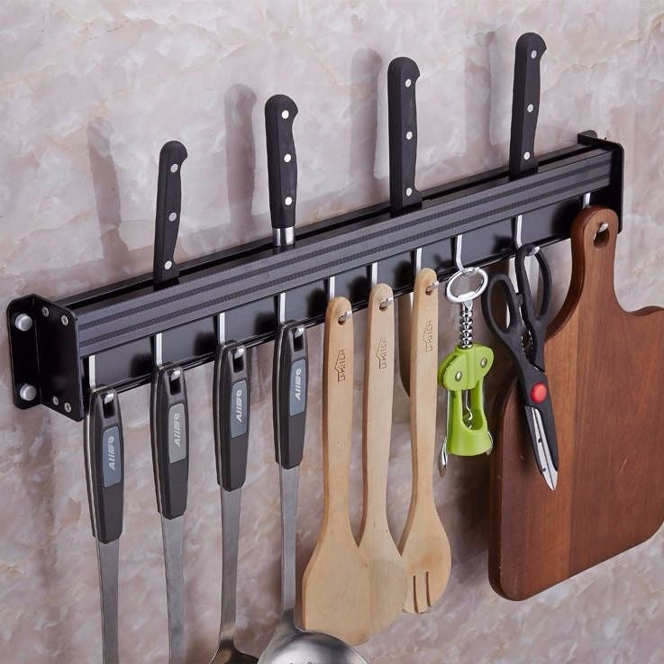 Wall-Mounted Space Aluminum Kitchen Knife Rack | Black & Silver, 30-60cm