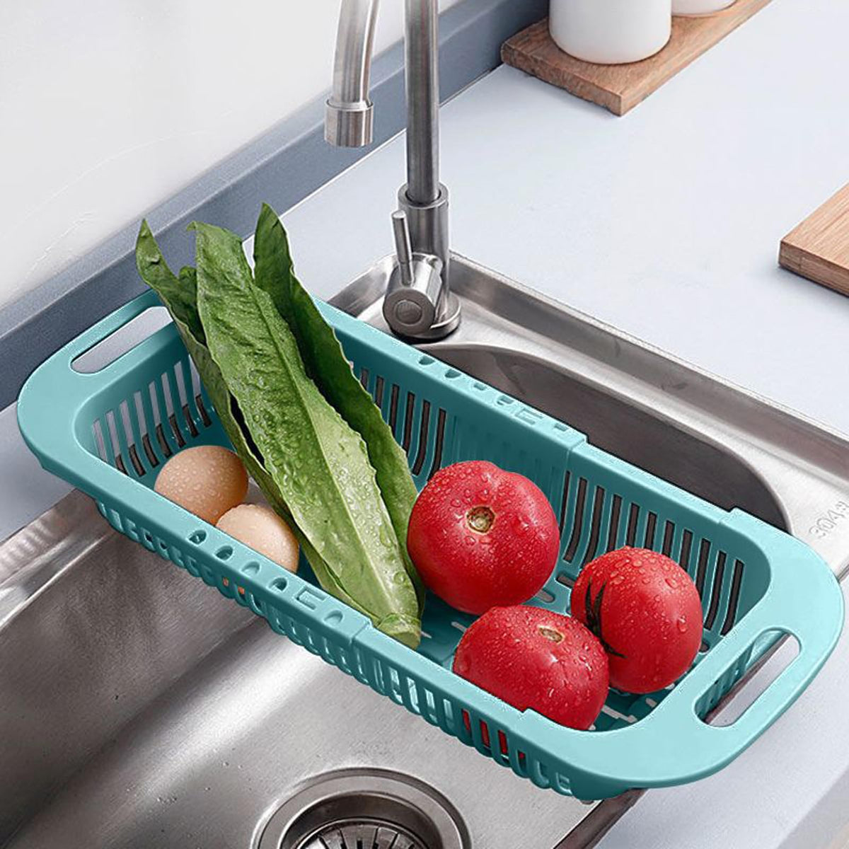 Passoire d'évier réglable et panier de lavage pour légumes — Egouttoir alimentaire extensible pour cuisine (Bleu)