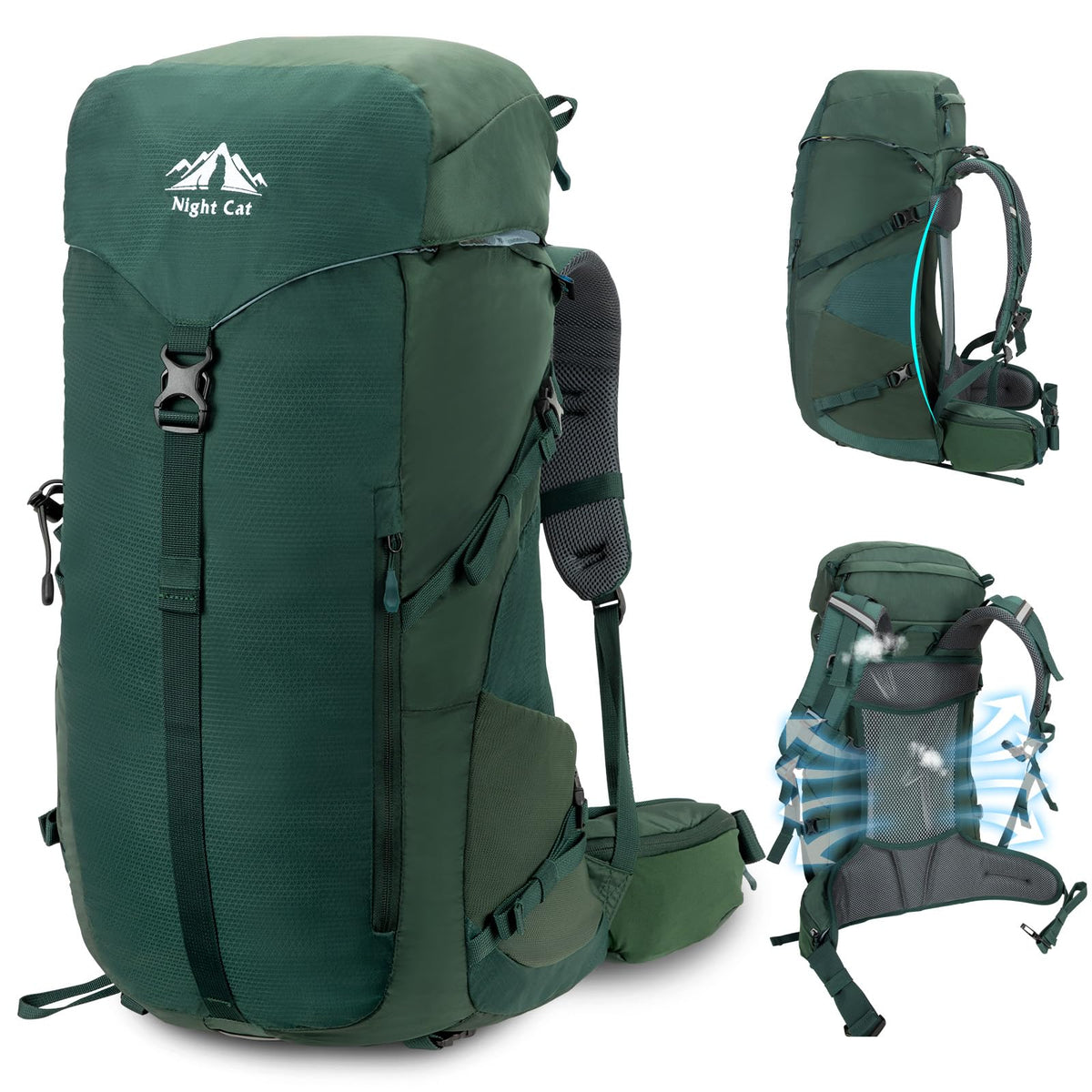 Night Cat 50L Internal Frame Hiking Backpack – Lightweight Waterproof with Rain Cover | Men & Women | Green