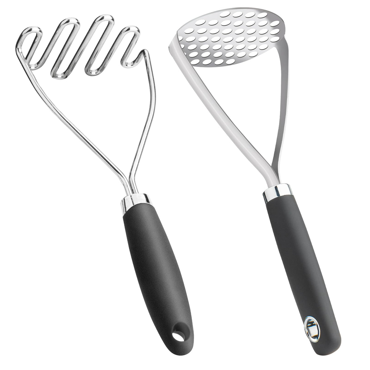 Stainless Steel Potato Masher Set of 2 | 10.25 Inch Honeycomb Head | Black